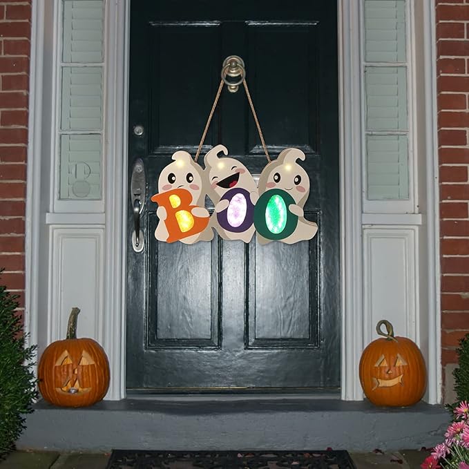 FINGOOO Halloween Door Decor Hanging Sign, BOO Ghost Halloween Door Hanger with Light for Front Door Decorations Outdoor