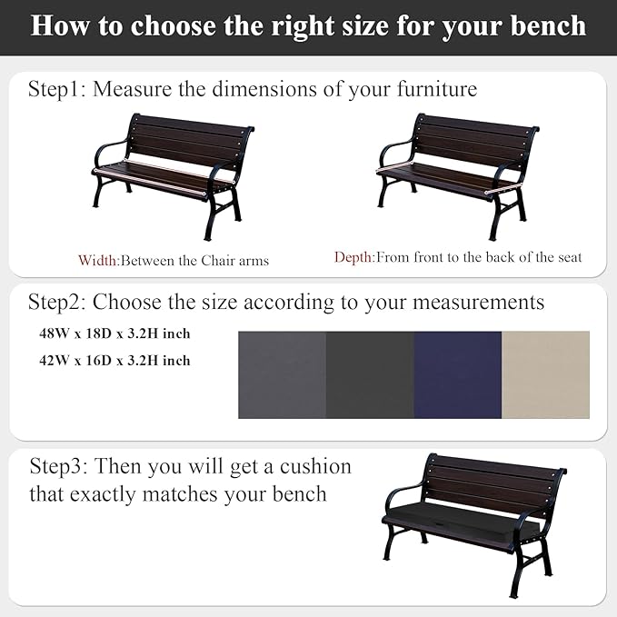 SHACOS Outdoor Bench Cushions 48 x 16 Inch, 3.2 Inch Thick High-Density Bench Cushion, Waterproof & Fade-Resistant Removable Cover with Ties, Bench Seat Cushions for Patio Garden Furniture, Black