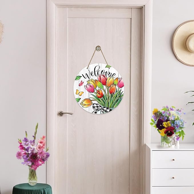 Welcome Spring Summer Tulip Flowers Front Door Sign, Floral Butterfly Mason Jar Wood Door Hanger Outdoor Outside Porch Decor, Seasonal Farmhouse Wooden Wreath Indoor Wall Hanging Decoration