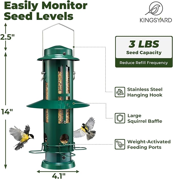 Kingsyard Squirrel Proof Bird Feeder for Outdoors Hanging, Metal Wild Bird Feeders with Removable Base and Baffle, Easy to Clean & Refill, 3 lbs Large Seed Capacity, Dark Green