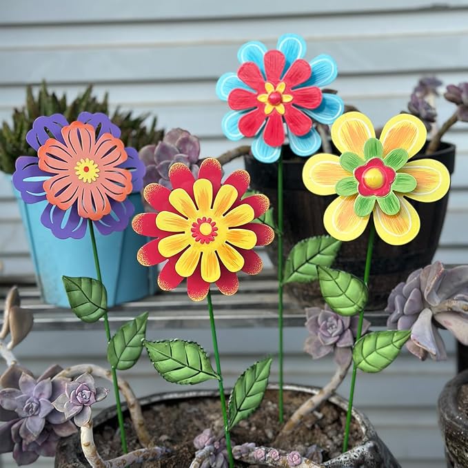 Metal Flowers for Outside,4 Pack 16.33" Decorative Garden Stakes with Swaying Flowers Head Yard Art,Spring Garden Decor for Lawn, Pathway & Yard