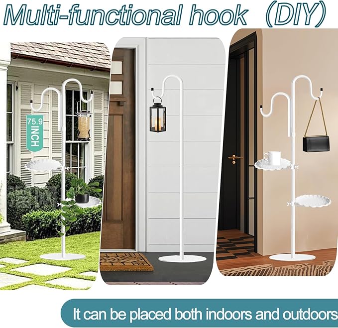 Upgraded 74" Shepherd's Hook Stand plant，Bird Feeder，White Wind Chime Hanger Stand, Waterproof Metal & Adjustable-Height Standing Pole Holder for Wreath, Indoor & Outdoor（2 Placement Racks