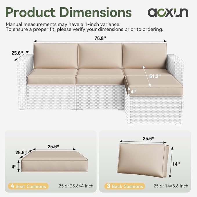 Aoxun Patio Furniture Cushions for Outdoor Furniture Set of 4, Thick Replacement Patio Couch Cushions for Outdoor Furniture, 7-Piece Splashproof Fade Resistant Outdoor Couch Cushions, Beige
