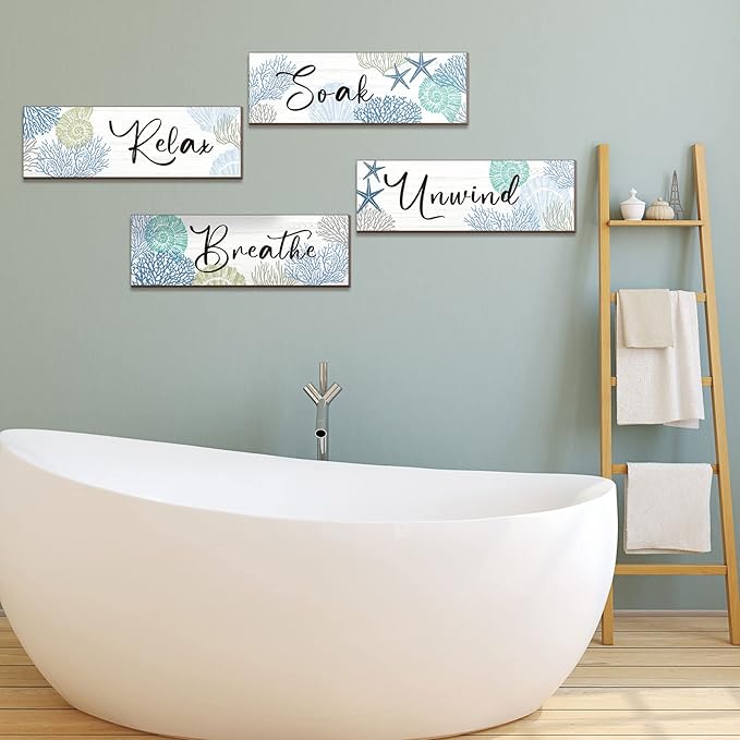 Pinkunn 4 Pcs 11 x 3.5 Inches Ocean Beach Bathroom Wall Decor Coastal Bathroom Decor Wood Relax Soak Unwind Breathe Wall Art Starfish Seashell Coral Nautical Art Rustic Farmhouse Wooden Signs