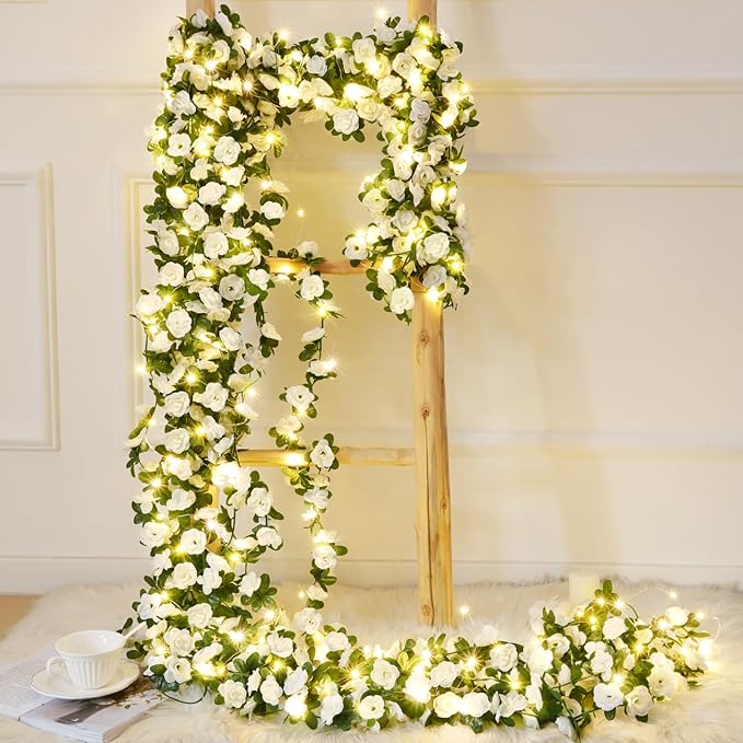 BLEUM CADE 5Pcs 41Ft Flower Garland Artificial Rose Vines with 32.8Ft String Lights, Cute Fake Hanging Flower Vines Floral Garland Decorations for Wedding Party Wall Room Decor Aesthetic