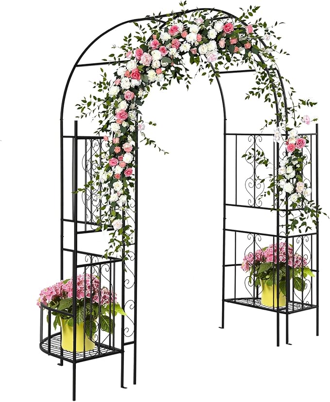VINGLI Garden Arbor Arch, Wedding Arch Archway for Ceremony Party, Durable Steel Trellis for Plant Climbing, Christmas Decorations Pergola for Backyard, Lawn, Patio, Yard (with Planter Box)