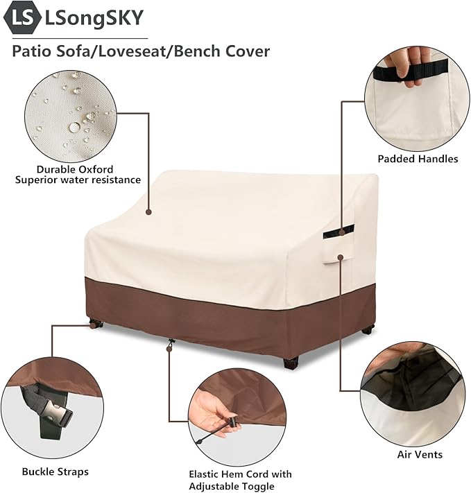 Patio 3-Seater Sofa Cover,Outdoor Couch Cover Fits up to 85W x 38D x 35H Inches,100% Waterproof Heavy Duty Patio Furniture Covers,Beige&Brown
