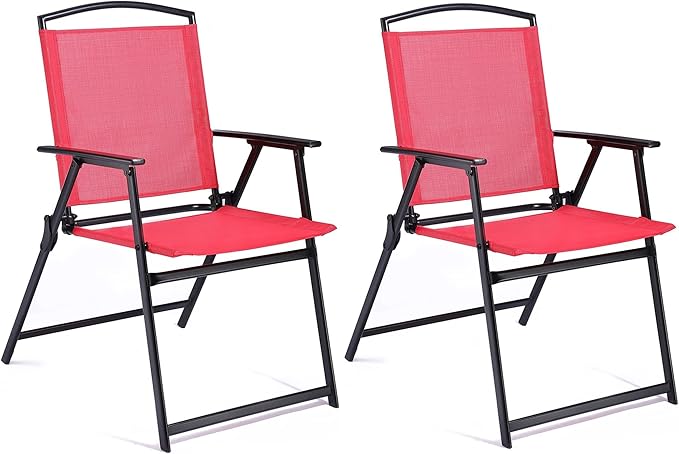 Outdoor Folding Patio Dining Chairs Set of 2 With Armrest Heavy-Duty Lightweight Protable Foldable Patio Sling Chair for Garden Lawn Poolside Backyard Deck Bistro Balcony Sillas Furnitures(2, red)