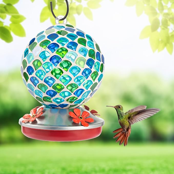 Backyard Expressions Glass Hummingbird Feeder - Blue/Green - Hummingbird Feeders for Outdoors Hanging, Hand Blown Glass Hummingbird Feeder