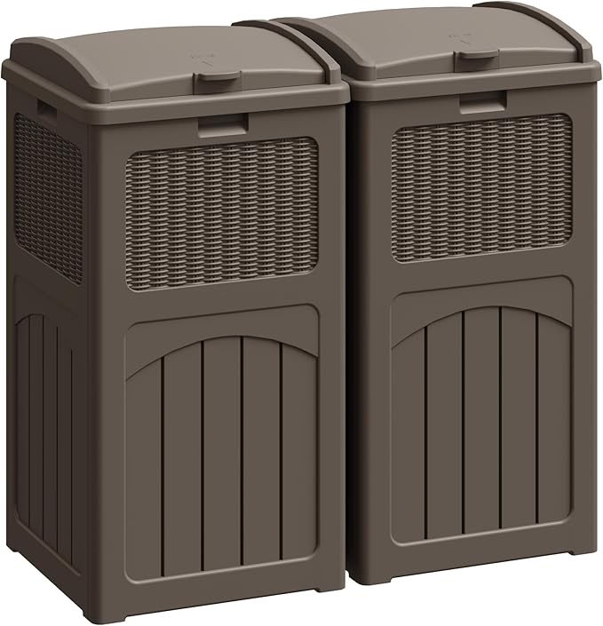 Greesum 33 Gallon Outdoor Trash Can with Lid, Waterproof Resin Garbage Bin for Hideaway, Deck, Patio, 2 Pack, Dark Brown
