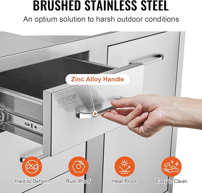 VEVOR Stainless Steel Cabinet, Outdoor Kitchen Door Drawer Combo 29.5" W x 22.6" H x 21.7" D, Access Door/Triple Drawers, Propane Drawer, Adjustable Garbage Ring, BBQ Island Patio Grill Station