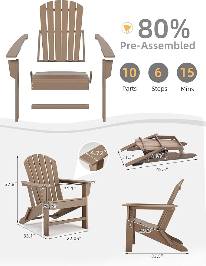 Folding Adirondack Chair - Durable HDPE Poly Lumber All-Weather Resistant, Foldable Oversized Balcony Porch Patio Outdoor Chair for Lawn, Backyard, Garden, Camping - Easy Installation, Pale Ocre