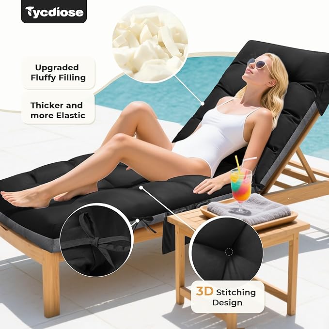 Outdoor Lounge Chair Cushion, Waterproof Replacement Chaise Lounge Cushions for Outdoor Furniture Thickened 71 x 22 x 4.7 Inches Non-Slip Patio Pool Lounge Chair Cushions with Ties (Black)