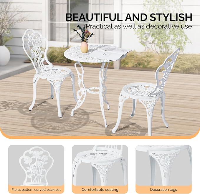 VINGLI 3 PCS Outdoor Bistro Set, Outdoor Patio Set, All-Weather Cast Aluminum Bistro Table Set, Bistro Table and Chairs Set of 2 for Backyard, Garden, Balcony (White, Rose)