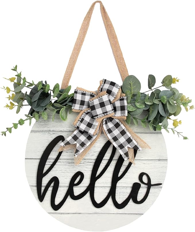 3D Hello Spring Wreaths for Front Door | White Horizontal Round Wreaths | Housewarming Gift | Farmhouse Wood Door Hanger for Home Decor Indoor and Outdoor, Classroom, Yard, Porch Decor