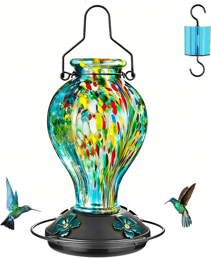 Hand Blown Glass Hummingbird Feeders for Outdoors Hanging, 24oz Wild Bird Nectar Feeder with Ant Moat and Perch, Bee-Resistant Ports, Garden Decor, Gifts for Women Mom, 1 Pack, Blue Fireworks