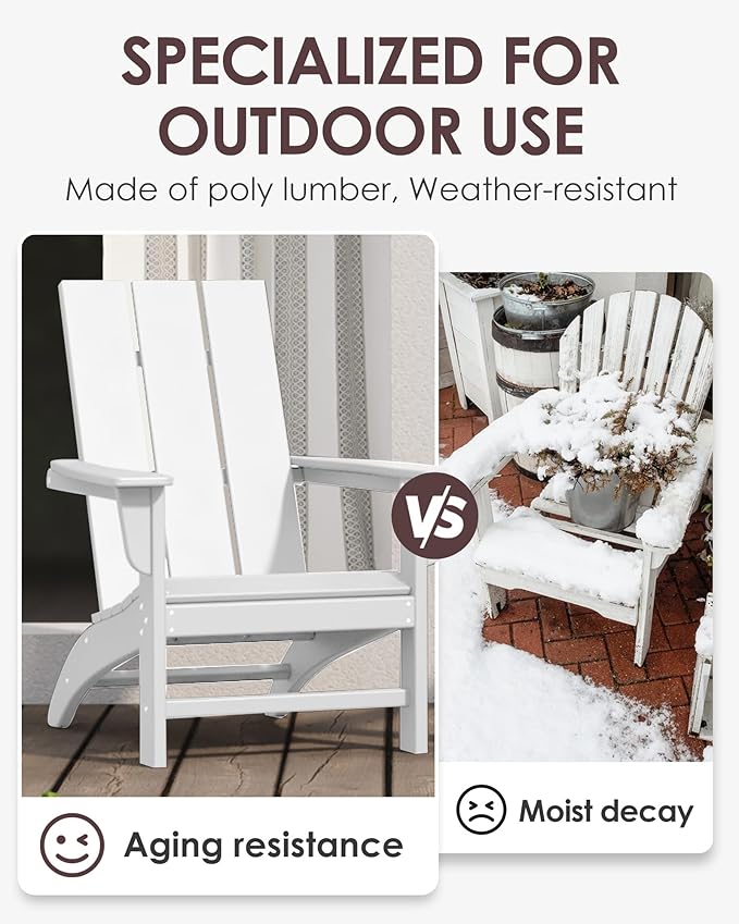 Poly Lumber Adirondack Chair with Cup Holder, All-Weather Resistant Outdoor Patio Chairs, Look Like Wood, Pre-Assembled Outdoor Fire Pit Chair for Pool, Deck, Backyard, Garden, White