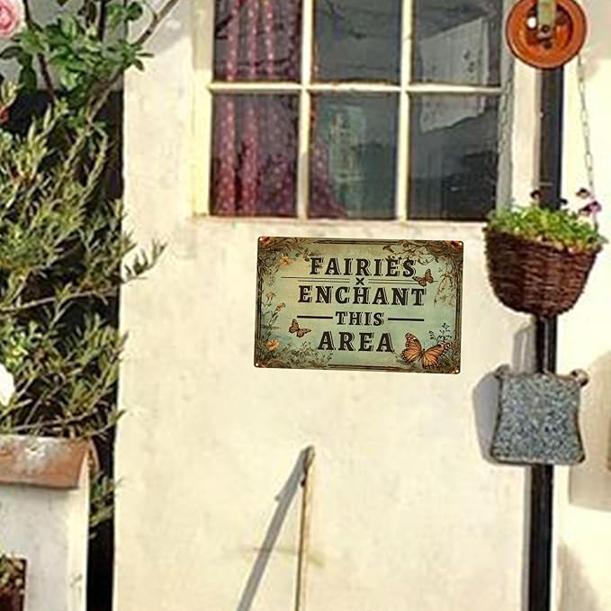Vintage Garden Metal Tin Signs Butterfly Fairies Enchant This Area Funny Tin Sign Rustic Indoor Outdoor Wall Decor for Home Garden Yard Farmhouse Greenhouse Patio Porch Bar 12×16 Inch