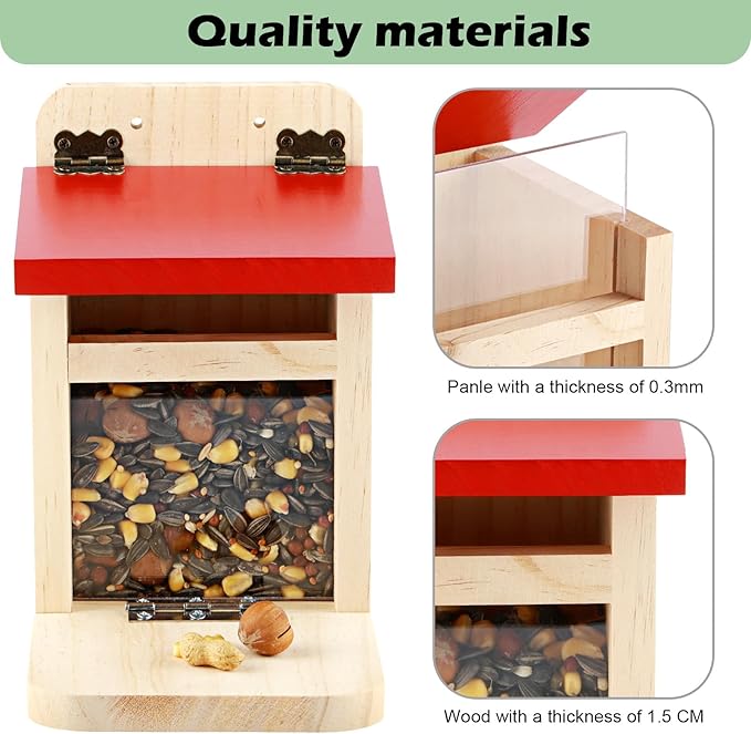 MIXXIDEA Squirrel Feeders for Outside Garden, Wooden Squirrel Feeder Box,Squirrel Feeding Stations with Green Cover, Easy to FillSquirrel Feeding House(Red-1pk)