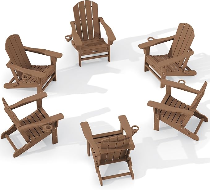 KINGYES Folding Adjustable Adirondack Chair with Retractable Ottoman Set of 6, HDPE All Weather Chair with Cup Holder - Recliner Adirondack Chair, Brown