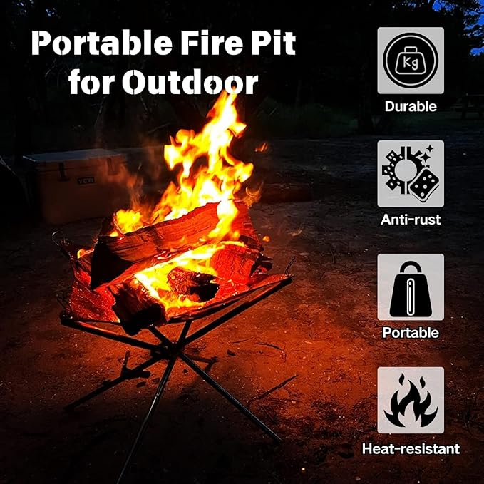 BeGrit Portable Fire Pit for Camping, 22" Wood Burning Fire Pits for Outdoor, 304 Stainless Steel Mesh Firepit for BBQ, Bonfire, Backyard, Garden, Patio (with Carrying Bag & Gloves)