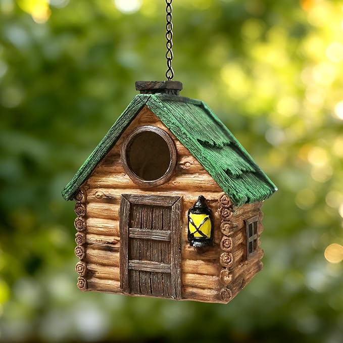 Bird Houses for Outside, Wood-Look Resin Bluebird House with Hanging Chain, Waterproof & Practical Forest Bird Houses, Decorative Hanging Birdhouse for Yard Garden Decor, Wood House