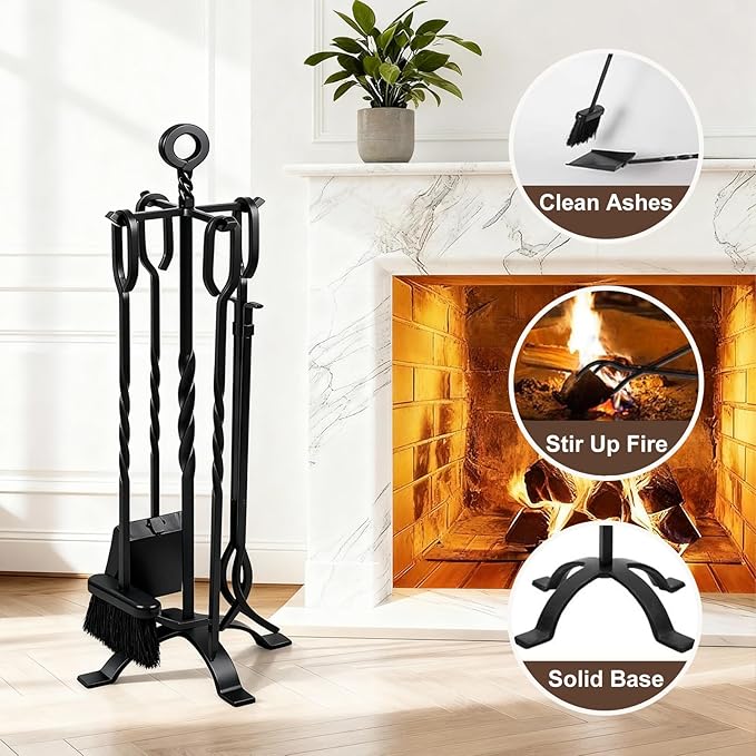 AMAGABELI GARDEN & HOME 5 Pieces Fireplace Tools Set Indoor Wrought Iron Fire Place Pit Large Poker Wood Stove Log Firewood Tongs Holder with Handles Modern Black Outdoor Accessories Kit