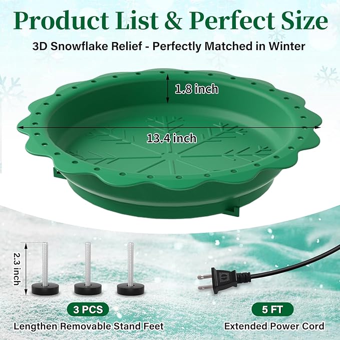 Heated Bird Bath for Outside Winter, Powerful 100W Thermostat Control Heated Bird Baths for Outdoors with 3 Metal Extension Screws, Heated Birdbath Water Heater for Garden Yard Patio Lawn(Green)