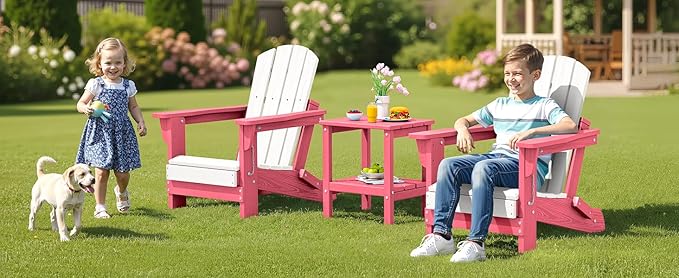 SERWALL Kids Adirondack Chair Sets for 2, HDPE Adirondack Chair for Children,All-Weather Resistant for Patio, Garden, Backyard - White and Light Pink