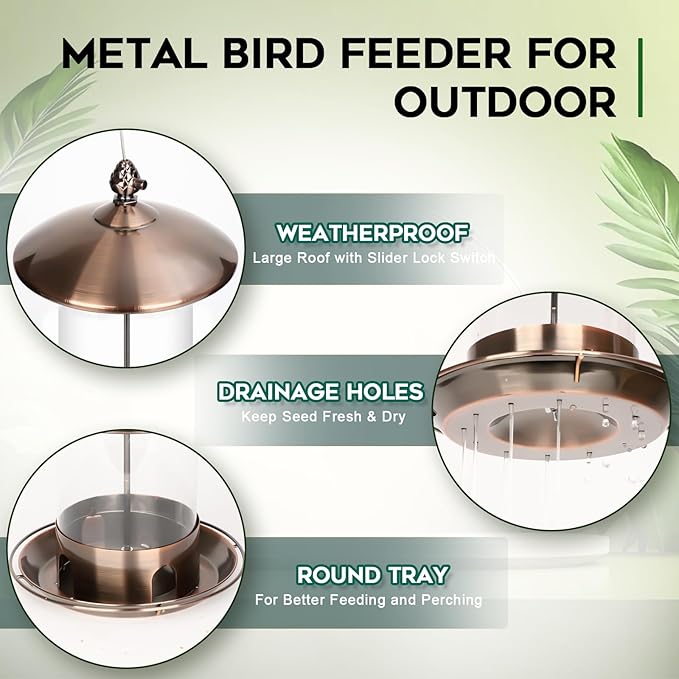 Metal Bird Feeders for Outdoors Hanging, Weather Resistant Wild Bird Feeder with 360 Degree Feeding Tray, Copper