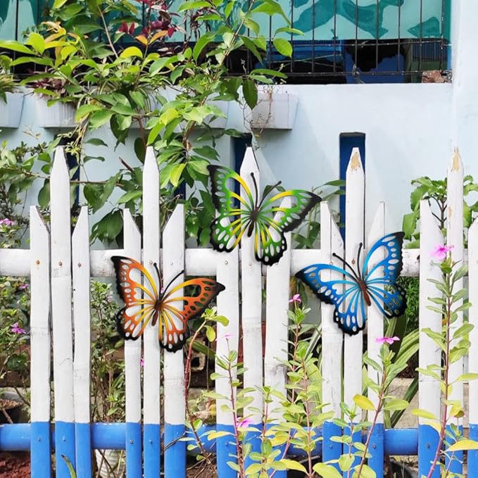 3 Pack Large Metal Butterfly Wall Decor, 13.8 Inch Indoor Outdoor Butterfly Decor, Colorful Outdoor Metal Wall Art for Garden, Yard, Fence, Patio