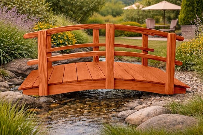 6 FT Cedar Amish Made Garden Bridge with Double Rails for Walkway, Backyard Pond & Landscaping, Outdoor Wooden Footbridge for Koi Pond, Japanese Style Decorative Bridge, Made in USA