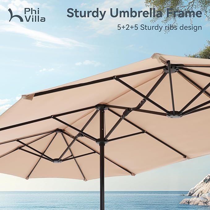 PHI VILLA 7 Pieces Outdoor Dining Set with Umbrella for 6, 60" Rectangular Metal Table & Stacking Wrought Iron Chairs & 13ft Beige Umbrella, Outside Large Furniture for Patio, Deck, Porch, Backyard