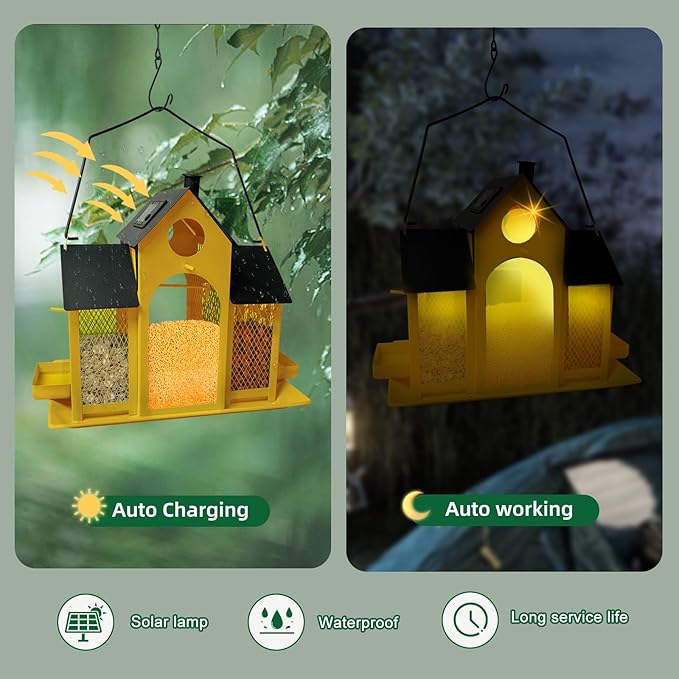Solar Bird Feeder House for Outside Hanging, Large Capacity Birdhouse Bird Feeders Hanging for Outdoors, Metal Mesh Wild Birdfeeder for Finch Cardinal (Yellow and Black)