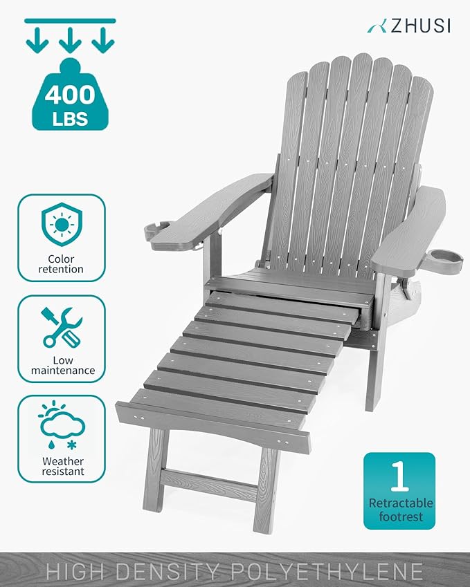 ZHUSI Folding Adjustable Adirondack Chair with Retractable Ottoman, Adirondack Chair with 2 Cup Holders, Outdoor Chairs for Porch Patio Lawn Balcony Weather Resistant (Grey, 1 pcs)