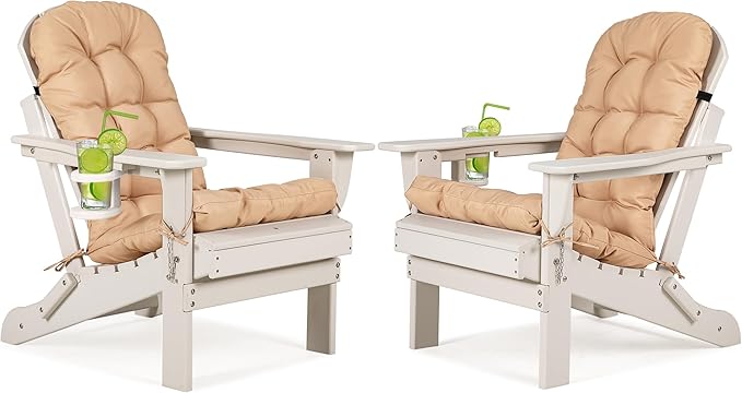 nalone Folding Adirondack Chairs Set of 2 with Cushion with Cup Holder, HDPE Plastic Oversized Patio Chair Weather Resistant, Used in Outdoor, Fire Pit, Deck, Garden, Campfire Chairs (White)