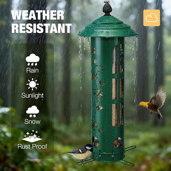 Veehoo Squirrel Proof Bird Feeders for Outdoors, Hanging Wild Bird Feeder Anti Squirrel with Weight-Activated Perches, Metal Cardinal Finch Feeder Outside Decorative for Thistle and Mixed Seed, Green