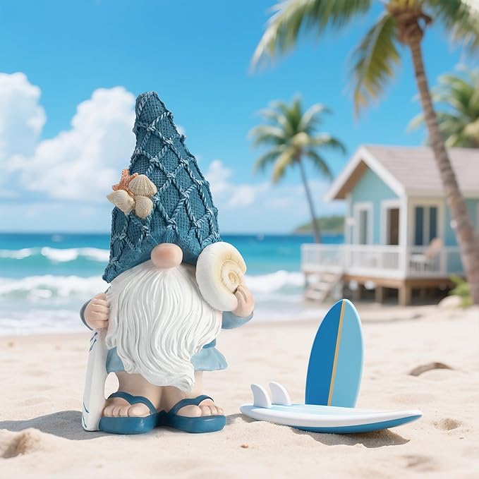 Beach Gnomes Statues,Ocean Gnomes,Nautical Themes Decoration,Beach, Gnome Holding a Surfboard