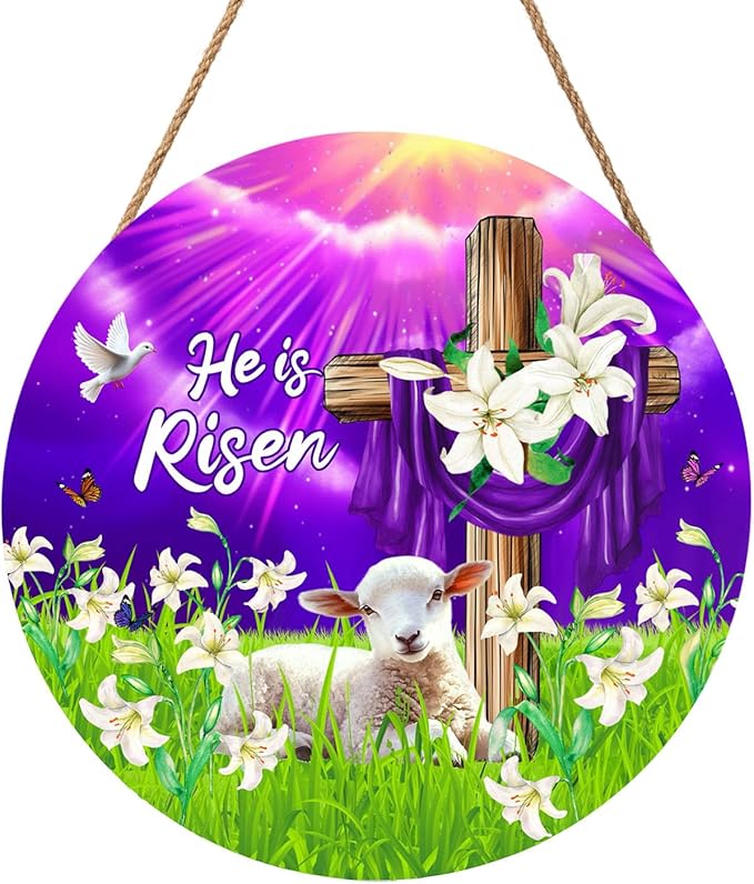 He is Risen Easter Religious Cross Purple Door Sign For Front Door Decor,Christian Lily Flowers Lamb Wooden Sign 12"x 12" Round Spring Sunrise Hanging Door Sign Decoration for Wall Rustic Decor