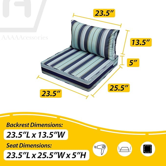 AAAAAcessories Outdoor Seat Cushions for Chairs, Fade-Resistant, Waterproof Patio Furniture Replacement Cushions, 23.5" x 25.5" x 5" + 23.5" x 13.5", Ash Teal Seaside Stripe
