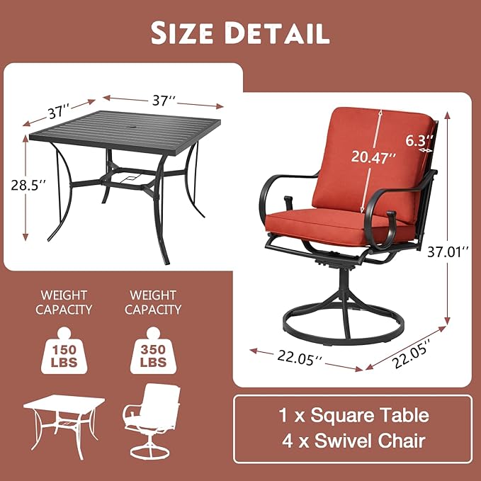 MELLCOM 5 Pcs Outdoor Dining Set, 4 Swivel Rocker Chairs with Thick Cushions & Square Dining Table with Umbrella Hole, Patio Furniture Set for Porch, Garden, Backyard, Poolside, Deck, Red