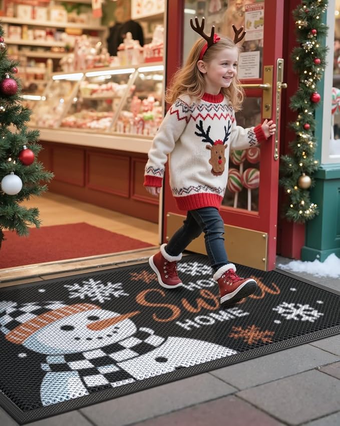 DEXI Christmas Front Door Mat Outside Entrance, 32x48 ft Winter Snowman Welcome Entryway Doormat Dirt Trapper, Heavy Duty Non Slip Entry Mats for Patio Garage Porch Home, Black White