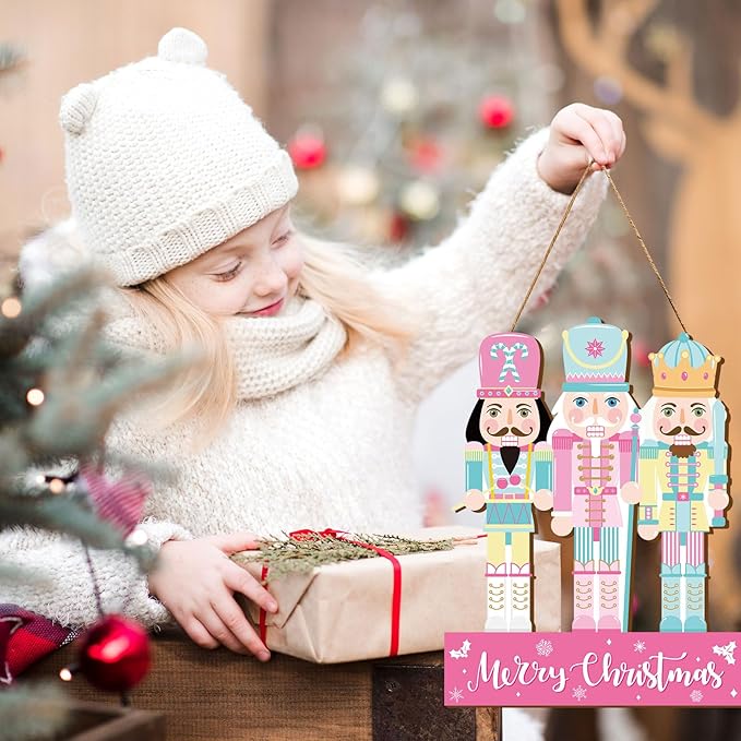 Whaline Christmas Wooden Hanging Sign Xmas Pink Blue Nutcracker Welcome Wood Sign Holiday Door Decor Signs for Indoor Outdoor Porch Wall