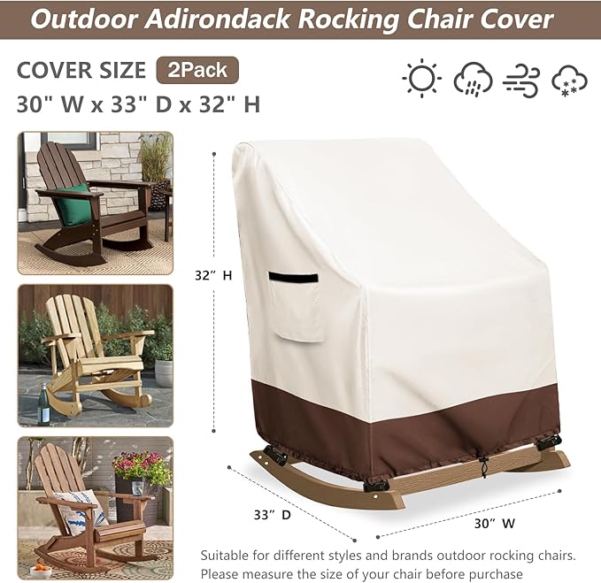 Outdoor Adirondack Rocking Chair Cover 2 Pack,Heavy Duty 600D Waterproof Patio Rocking Chairs Cover for 30" W x 33" D x 32" H Rocking Chair,Beige