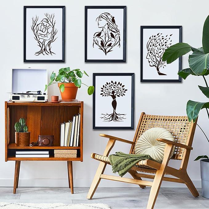 16PCS Large Woman Tree Stencils for Painting on Walls 12 x 12 Inch Giant Wall Stencil with Brushes and Binder Ring Branches Rose Flower Plastic Art Drawing Templates for Home Wall Decor