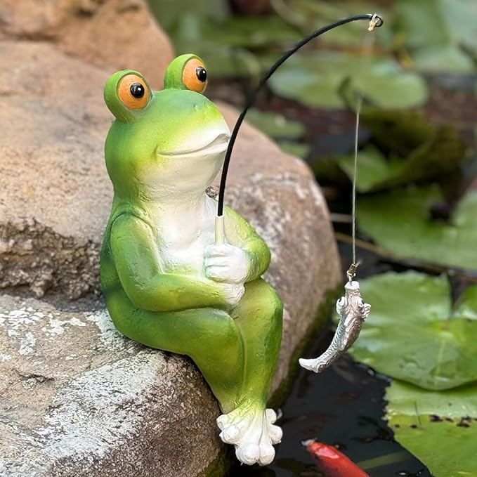 Garden Frog Pond Statue Decoration, Fishing Frog Garden Statue Outdoor Koi Pond or Waterfall Decor, 9.5" Frog Figurine Fishing Poolside Statue, Frog Gifts for Mom