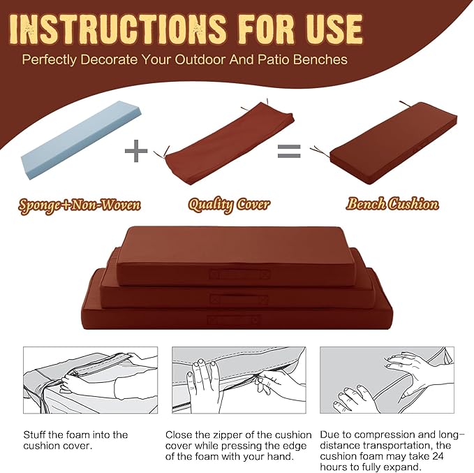 Outdoor Bench Cushion 4 inches Memory Foam Waterproof Patio Furniture Bench Cushion Porch Swing Cushion with Handle and Adjustable Strap, 42 x 18 Inch Terracotta