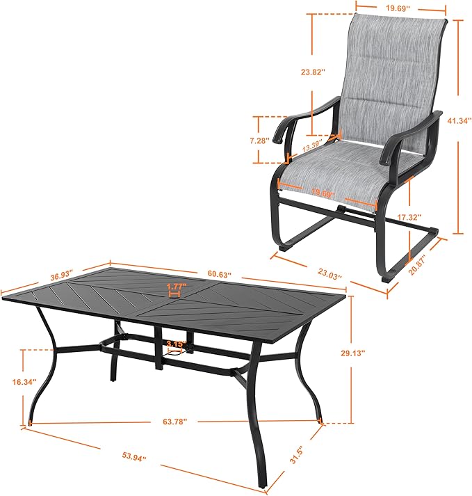 NUU GARDEN 7 Piece Outdoor Dining Set, 6 All Weather Padded Textilene Patio Chairs and 61" Rectangular Dining Table with 1.77" Umbrella Hole, for Garden, Patio, Light Grey and Black