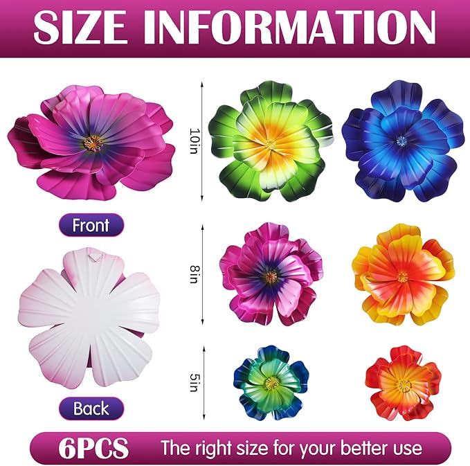 MorningRo 6 Pcs Metal Flowers Wall Art Decor Colorful 3D Hibiscus Fence Flowers Metal Wall Art Decoration Hanging Sculptures for Outdoor Garden Fence Lawn Balcony Yard Women Mother Gift