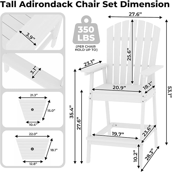 GarveeLife Outdoor Bar Height Adirondack Chairs with Connecting Tray, Balcony Chairs Adirondack for Deck, Backyard, Outdoor Tall AdirondackChairs, Patio High AdirondackChairs Set of 4